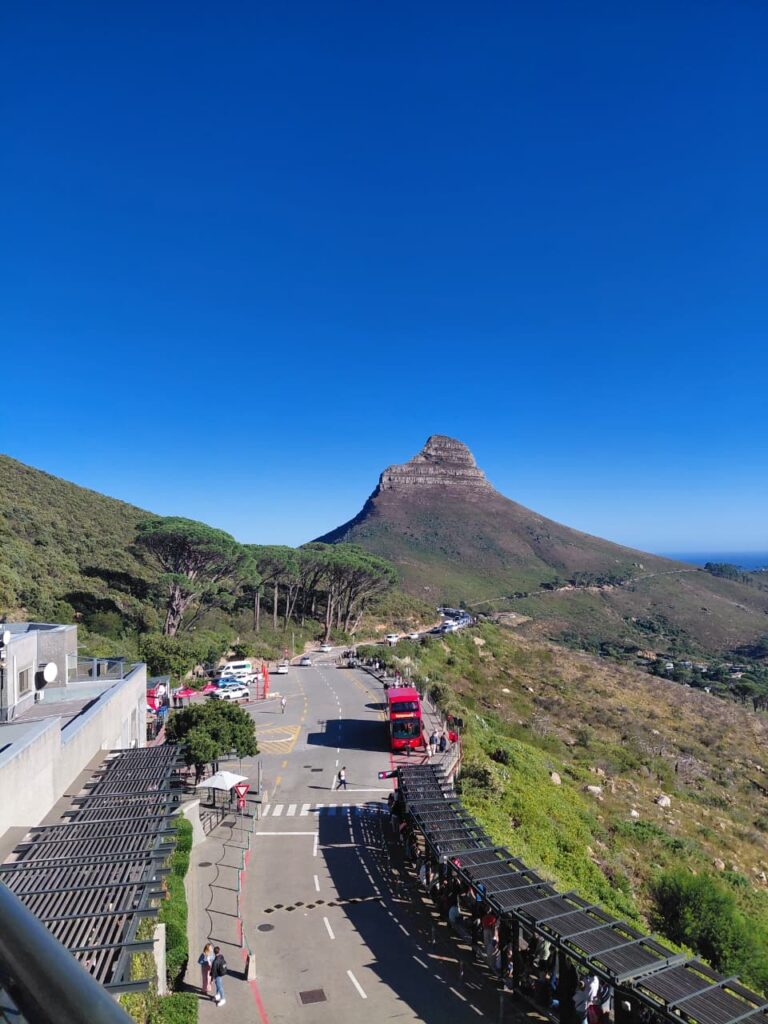 Winding road leading to the Table Mountain lower cableway station with views of the peak in Cape Town, South Africa.
