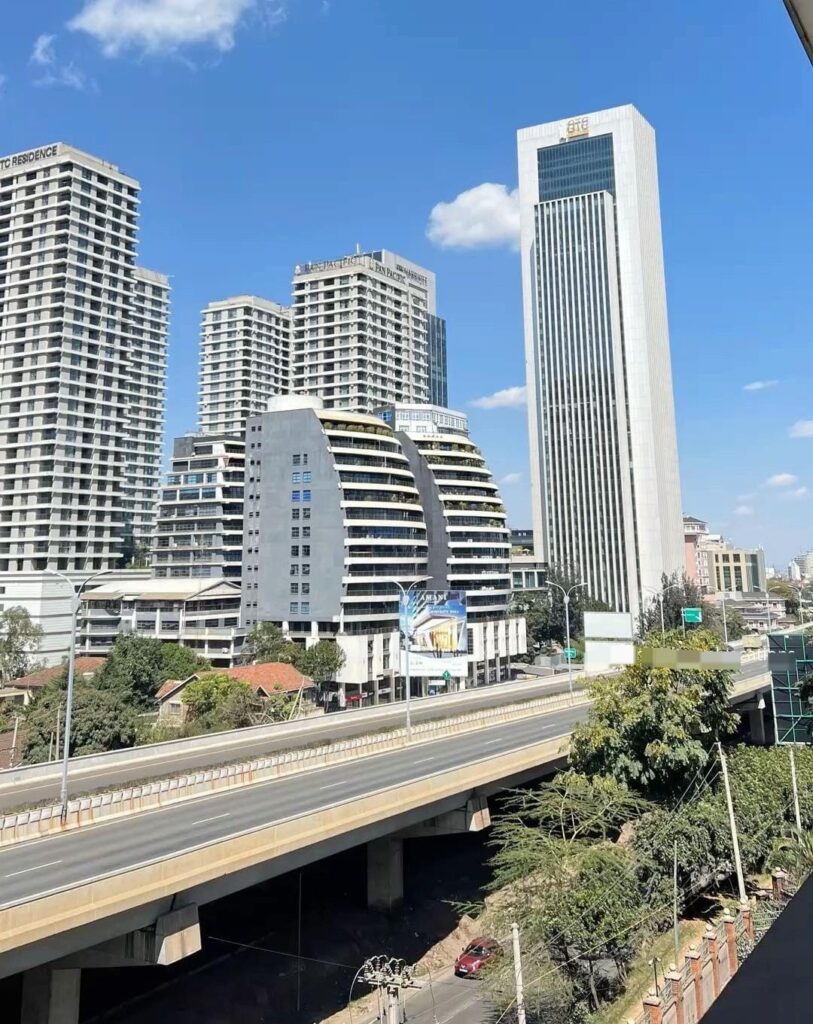 Panoramic view of the city skyline from the KICC rooftop restaurant in Nairobi.